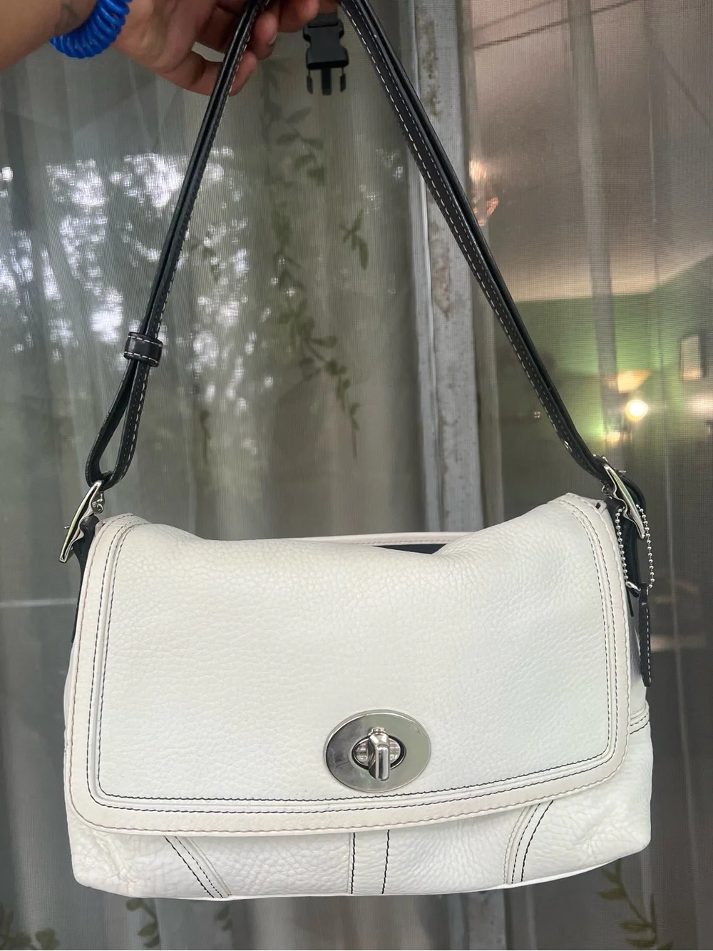 White Leather Shoulder Bag with Brown Strap